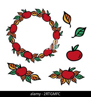 Clip di mela rossa art. Corona di raccolta autunnale , illustrazione vettoriale disegnata a mano per scheda o invito Illustrazione Vettoriale