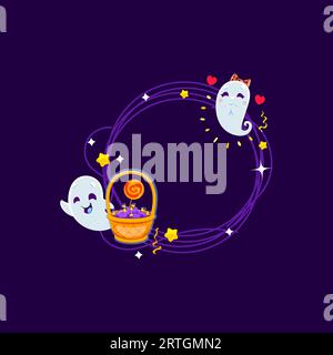 Cornice per le vacanze di Halloween con fantasmi kawaii. Delizioso bordo vettoriale vuoto adornato da adorabili spettri, cuori, stelle e dolci dei cartoni animati e cestino di vimini, perfetto per catturare ricordi spaventosi Illustrazione Vettoriale