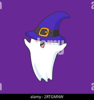 Il personaggio fantasma di Halloween kawaii dei cartoni animati indossa un cappello a punta da strega. Un simpatico gioiello vettoriale isolato in un cappello oversize che chiude gli occhi, con emozioni giocose, mentre prova l'abbigliamento natalizio durante la stagione spettrale Illustrazione Vettoriale