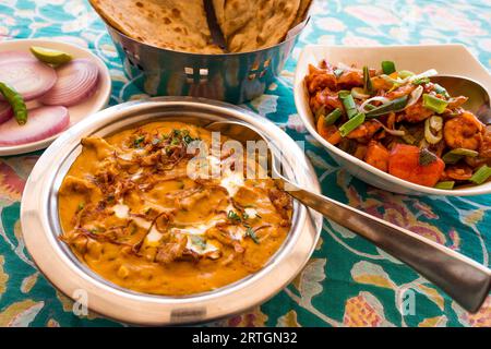 Delizioso pollo indiano do Piaza con cipolle fritte in una ricca salsa di carne insieme ai gamberi cinesi freddi e secchi serviti con naan fresco e morbido Foto Stock