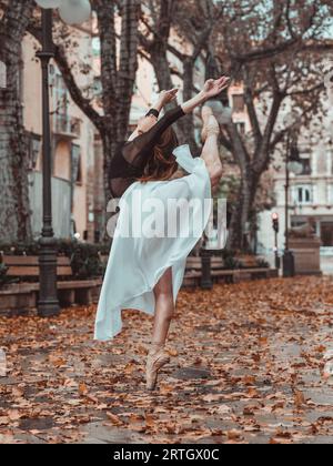 Vista laterale di un'affascinante ballerina irriconoscibile in un'elegante gonna bianca che si divide in piedi sulla strada in autunno su sfondo sfocato Foto Stock
