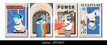 Art exhibition posters with greek statues, antique sculpture, column. Cover design with surreal elements, greece heads and plaster bust. Invitation banner set with modern objects for gallery, museum. Illustrazione Vettoriale