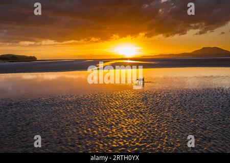 Tramonto a Traeth Bach con cielo blu e mare calmo. Foto Stock