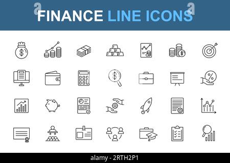 Icone della riga finanziaria. Set di icone business. Raccolta di simboli di denaro. Illustrazione vettoriale della linea di business. Icone finanziarie in linea. Illustrazione Vettoriale