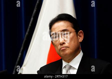 Tokyo, Giappone. 13 settembre 2023. Il primo ministro giapponese Fumio Kishida partecipa a una conferenza stampa dopo il rimpasto del suo gabinetto nel suo ufficio a Tokyo, in Giappone, il 13 settembre 2023. (Immagine di credito: © POOL via ZUMA Press Wire) SOLO USO EDITORIALE! Non per USO commerciale! Foto Stock