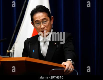 Tokyo, Giappone. 13 settembre 2023. Il primo ministro giapponese Fumio Kishida partecipa a una conferenza stampa dopo il rimpasto del suo gabinetto nel suo ufficio a Tokyo, in Giappone, il 13 settembre 2023. (Immagine di credito: © POOL via ZUMA Press Wire) SOLO USO EDITORIALE! Non per USO commerciale! Foto Stock