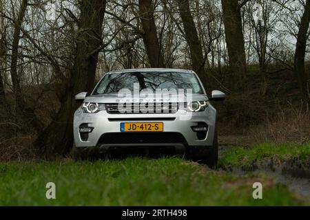 Serie di foto di un pomeriggio fuori strada con diverse auto Land Rover come gli iconici modelli Land Rover Defender e Range Rover. Foto Stock