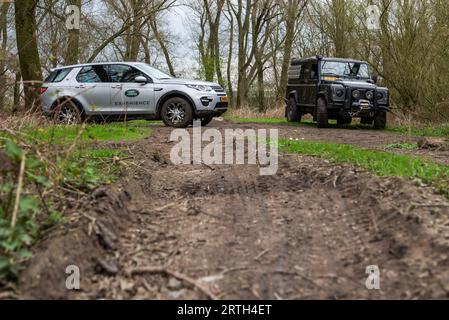 Serie di foto di un pomeriggio fuori strada con diverse auto Land Rover come gli iconici modelli Land Rover Defender e Range Rover. Foto Stock