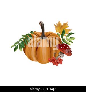 Zucca, funghi, foglia d'acero, foglie di rowan e frutti di bosco. Illustrazione vettoriale della composizione autunnale. Biglietti d'auguri, inviti, striscioni, volantini. Illustrazione Vettoriale