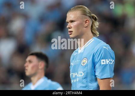 Atene, Grecia - 16 agosto 2023: Il giocatore del Manchester City Erling Haaland in azione durante la finale di Supercoppa UEFA tra Manchester City e. Foto Stock