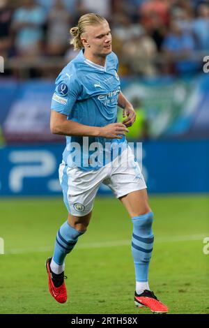 Atene, Grecia - 16 agosto 2023: Il giocatore del Manchester City Erling Haaland in azione durante la finale di Supercoppa UEFA tra Manchester City e. Foto Stock