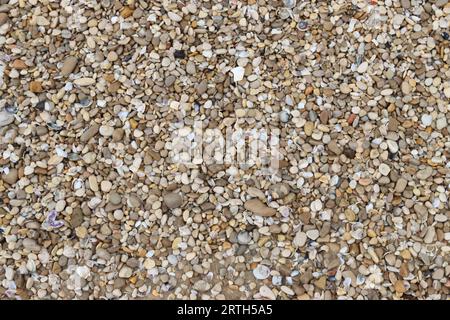 Un letto in ghiaia con un mix di rocce marroni, bianche e nere Foto Stock
