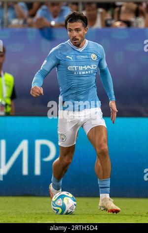 Atene, Grecia - 16 agosto 2023: Il giocatore del Manchester City Jack Grealish in azione durante la finale di Supercoppa UEFA tra Manchester City e S. Foto Stock