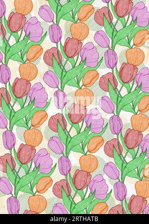 Carta da parati colorata con motivo a foglie di tulipano, motivo a tulipano, sfondo a foglie di fiori di tulipano, sfondi a motivi floreali per l'arredamento della casa, sfondo a fiori Foto Stock