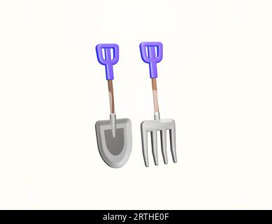 Una pala da giardinaggio minimale e un forcone. icona degli strumenti farmer con rendering 3d isolata su sfondo bianco. illustrazione vettoriale 3d. Illustrazione vettoriale Illustrazione Vettoriale