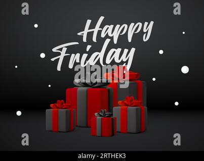 Modello banner Happy Black friday con confezioni regalo e nastro rosso. icona della confezione regalo 3d isolata sullo sfondo. Offerta speciale sull'evento. Illustrazione vettoriale 3D. Illustrazione vettoriale Illustrazione Vettoriale