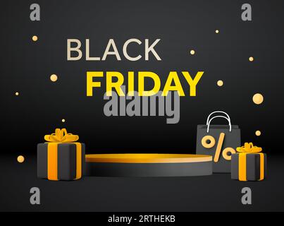 Modello di banner in vendita per il Black friday con confezioni regalo e nastro dorato, podio. vetrina 3d, icona della shopping bag isolata sullo sfondo. Sconto speciale, evento scontato. Illustrazione vettoriale 3D. Illustrazione vettoriale Illustrazione Vettoriale