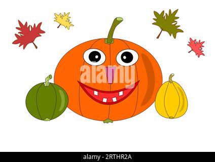 Zucca decorativa e due zucche più piccole, foglie di acero di sfondo nei colori autunnali Foto Stock