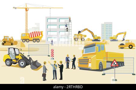 Azienda di costruzione con costruttori e macchine da costruzione illustrazione Illustrazione Vettoriale