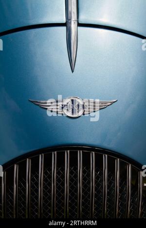 Dettaglio del cofano, della griglia e del distintivo di Una Morgan Aero 8 Blue Motor Sports Car del 2008, Inghilterra Regno Unito Foto Stock