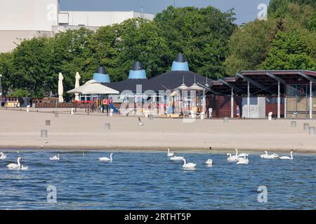 Spiaggia con parco giochi e cigni sul Mar Baltico nella città di Gdynia, Polonia Foto Stock