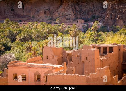 Antiche rovine abbandonate di kasbah in un'oasi di palme a Tinghir in Marocco. Le rovine di una casa in mattoni di fango sorgono lungo un'oasi verde Foto Stock