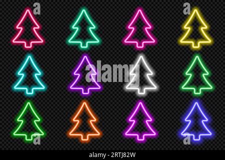 Set di icone ad abete al neon. Splendide cornici natalizie. I colori dell'arcobaleno delle festività danno forma agli elementi dell'interfaccia utente con spazio di copia. Viola, blu, rosa, giallo Illustrazione Vettoriale