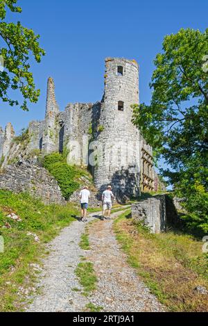 Château de Montaigle, turisti che visitano il castello medievale in rovina del XIV secolo a Falaën, Onhaye, provincia di Namur, Vallonia, Belgio Foto Stock