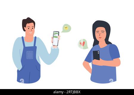 un set di uomini e donne che usano i messaggeri istantanei Illustrazione Vettoriale