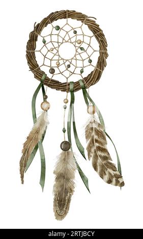 Dreamcatcher su sfondo isolato. Illustrazione ad acquerello di Dream Catcher o Hunter. Clip disegnate a mano di amuleto dorso vintage con piume. Disegnare in stile boho per biglietti di auguri e stampe. Foto Stock