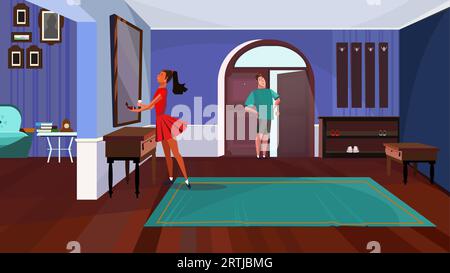 Donna in piedi davanti allo specchio nell'illustrazione vettoriale del corridoio Illustrazione Vettoriale