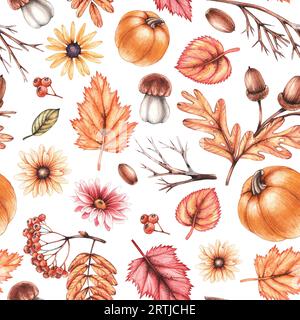 Motivo autunnale acquerello. Fiori autunnali, foglie, funghi disegnati a mano su un modello. Pattern con piante autunnali per le feste e i festival. Seaml Foto Stock