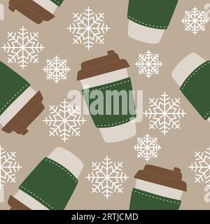 Tazze di carta con coperchi e fiocchi di neve senza cuciture. Tazze usa e getta da portare con te. Bevande calde invernali e autunnali. Tazze per zuppa calda. Illustr. Vettoriale piatto isolato Illustrazione Vettoriale