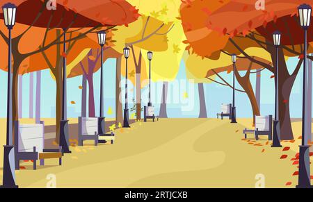 Passerella nel parco cittadino con alberi autunnali, panchine e lanterne Illustrazione Vettoriale