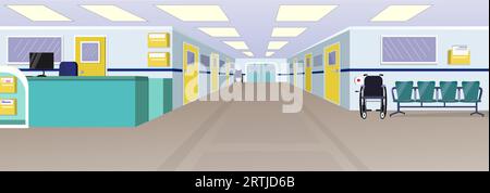 Sala ospedale con reception, porte in corridoio e sedie Illustrazione Vettoriale