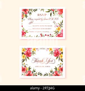 Biglietti per matrimoni e ringraziamenti floreali, design con fiori vintage ad acquerello. Illustrazione Vettoriale