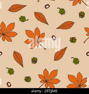 Motivo autunnale senza cuciture con castagne. Semplice illustrazione vettoriale in stile doodle Illustrazione Vettoriale