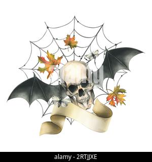 Teschio umano con ali di pipistrello, falena, rotolo di carta, cappello da strega, ragnatela e foglie d'acero autunnale. Illustrazione ad acquerello disegnata a mano per Halloween. Isolato Foto Stock