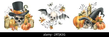 Teschi umani in cappelli con ali di pipistrello, zucche, foglie autunnali e candele. Illustrazione ad acquerello disegnata a mano per Halloween. Set di diversi Foto Stock