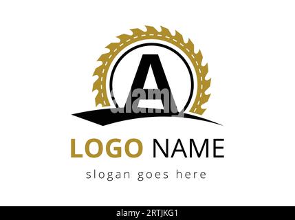 Modello vettore disegno logo lettera A falegname. logo in lavorazione del legno. Emblema del carattere Illustrazione Vettoriale