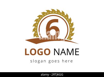 Lettera 6 modello vettore del disegno del logo del falegname. logo in lavorazione del legno. Emblema del carattere Illustrazione Vettoriale