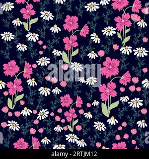 Motivo floreale senza cuciture. Daisie, gigli della valle, trifoglio, tulipani, peonie, Caps lla b rsa-Past ris, erbe. Stampa con piccoli fiori luminosi, spri Illustrazione Vettoriale