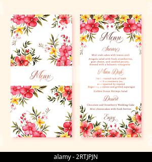 Biglietti per il menu di nozze floreali ad acquerello con fiori selvatici rossi e gialli, clipart vettoriale. Illustrazione Vettoriale