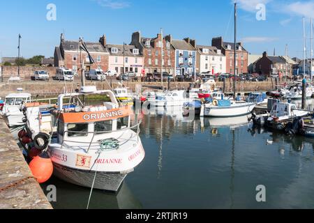 Barche ormeggiate nel porto di Arbroath, Angus, Scozia, Regno Unito Foto Stock