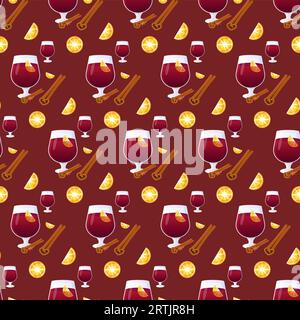 Modello senza cuciture con vino, VIN brulé, limone e cannella. Illustrazione vettoriale Illustrazione Vettoriale