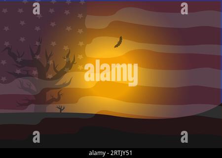 Bandiera americana e albero al tramonto all'alba. Adatto per Veterans Day, Independence Day, Memorial Day, 4 luglio o Labor Day. Illustrazione Vettoriale