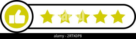 Valutazione a cinque stelle con icona pollice su. Rating Stars indica il feedback positivo dei clienti per il servizio di qualità. Esprimi un voto sulla soddisfazione degli utenti di Speech Bubble Rati Illustrazione Vettoriale