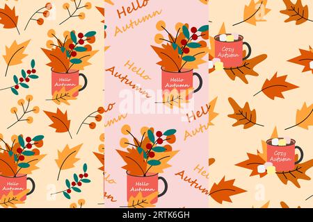 Set di 3 tazze senza cuciture con bouquet di foglie secche, rametti di stagione, frutti di bosco e marshmallow. Design vettoriale per la confezione, poster, biglietti di auguri o biglietti di invito, prezzo, etichetta, sfondo o Web Illustrazione Vettoriale