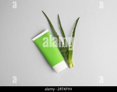 Tubo di dentifricio e aloe fresco su sfondo grigio chiaro, spianato Foto Stock