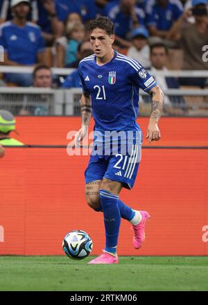 Milano, Italia. 12 settembre 2023. L'italiano Nicolo Zaniolo durante la partita UEFA EURO 2024 allo Stadio Giuseppe Meazza di Milano. Il credito fotografico dovrebbe leggere: Jonathan Moscrop/Sportimage Credit: Sportimage Ltd/Alamy Live News Foto Stock